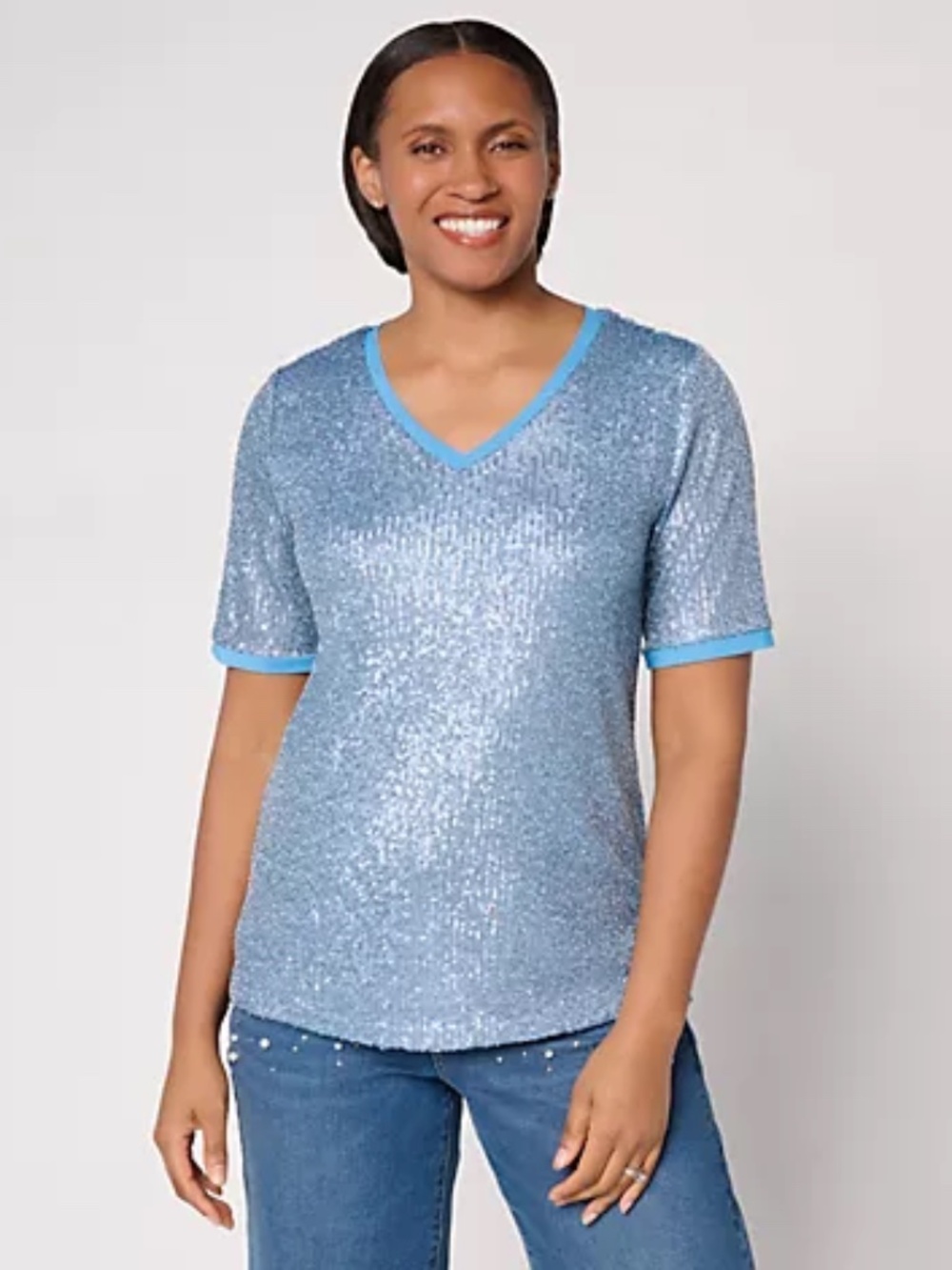 Dennis Basso Mesh Lined V-Neck Sequin Tee, Blue Sz XL a723539